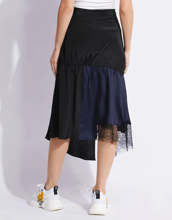 Patchwork Lace Silk Midi Skirt