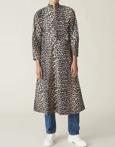 Leopard Cotton Poplin High Neck Midi Dress