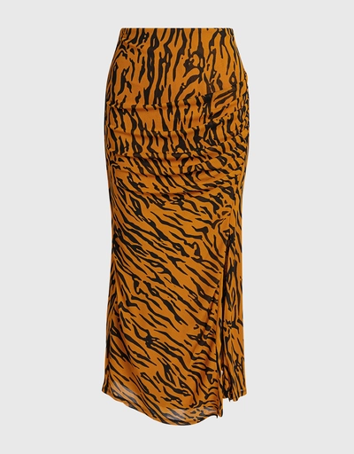 Edna Tiger-print Ruched Mesh Midi Skirt