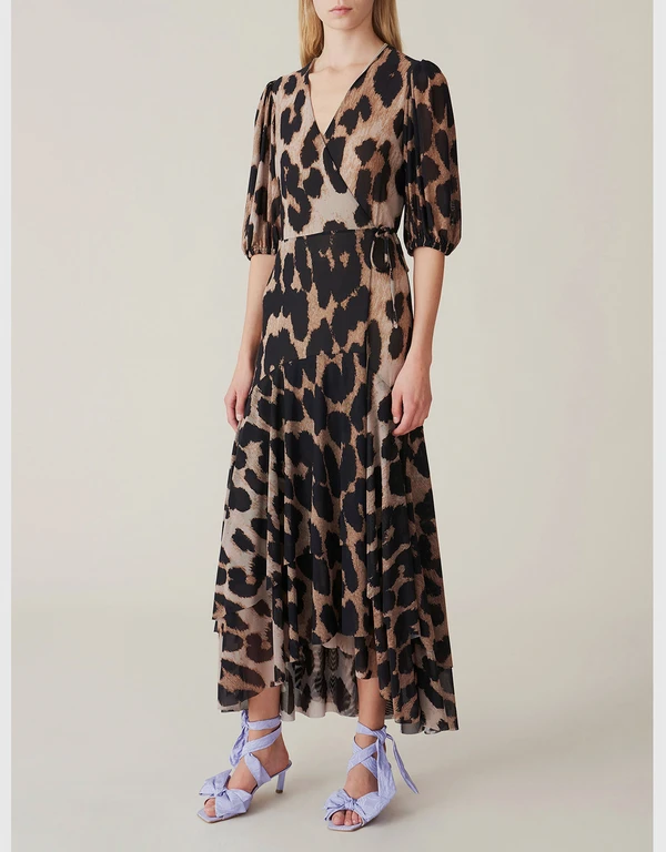 Leopard Print V-neck Wrapped Maxi Dress 