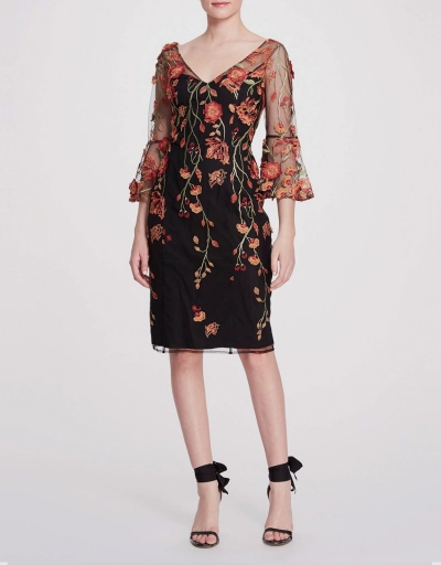 Embroidered Floral Cocktail Knee Length Dress